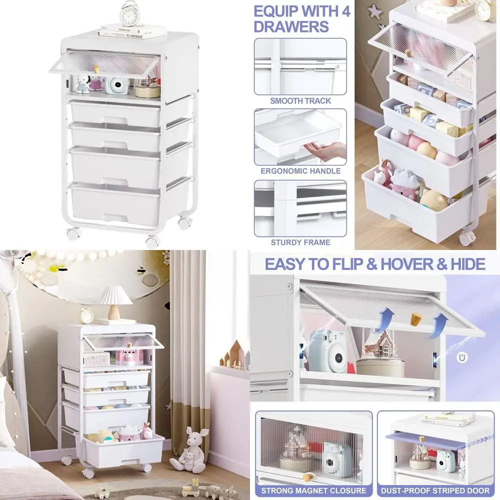 

4-Drawer Craft Storage Cart with Dust-Resistant Door for Arts, Crafts, and Home Office, Classic White
