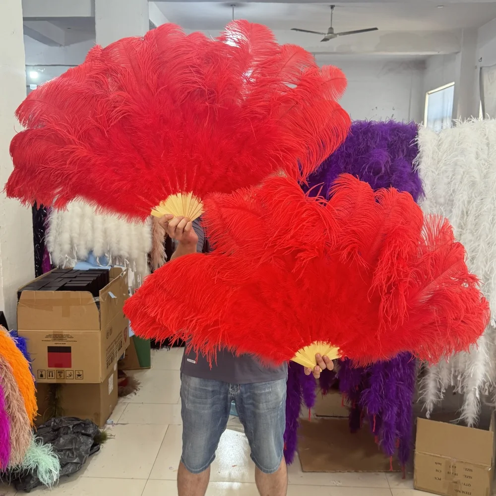 

Big Red Ostrich Feather Fans 13 Bars White Plumes Folding Fan for Carnival Party Festival Opera Holding Props Decor Accessory