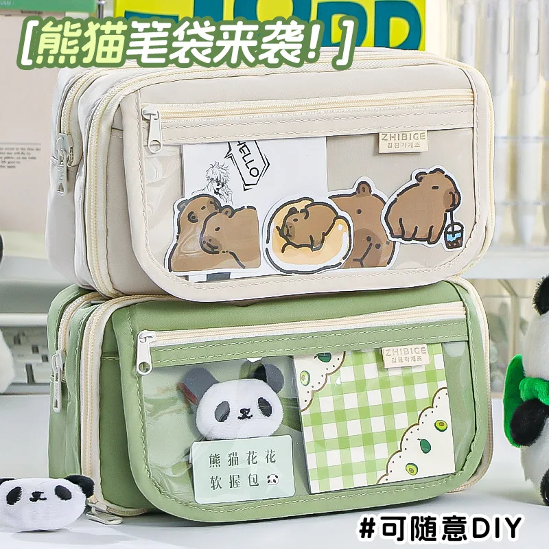 Simple Solid Color Pencil Case Clear Visible Front Pocket Durable Fabric pencil bag Teen Girls Multi‑layer Pen Storage Pouch