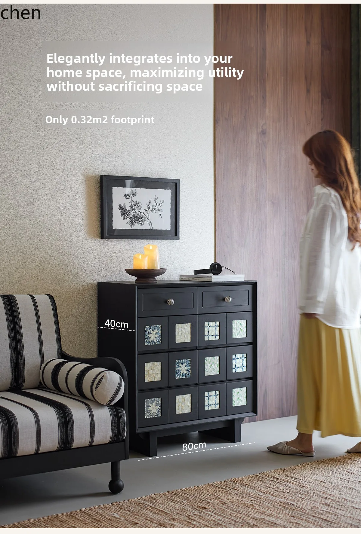 CZ  Solid Wood Side Table Cabinet Living Room Wall-Mounted Vintage Style Entryway Cabinet Bedroom Eight-Drawer Cabinet