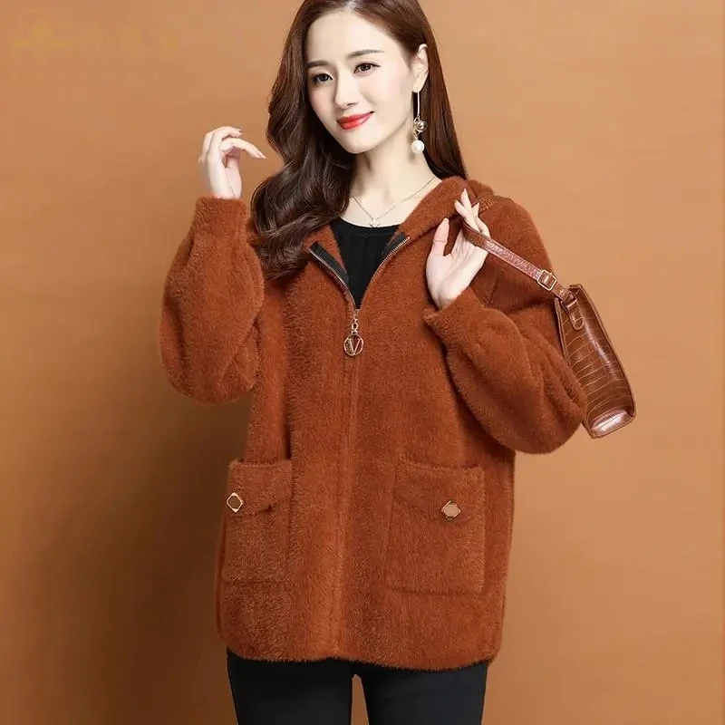 Imitation Mink Fur Sweater Jacket Women Spring Autumn Casual Hooded Short Cardigan Sweater Female Thicken Loose Zipper Knit Coat