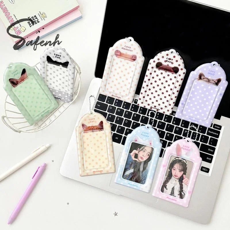 1Pc Portable PVC Photocard Holder Animal Ear Print Polka Dot Design Card Protector With Chain Bus Card Holder
