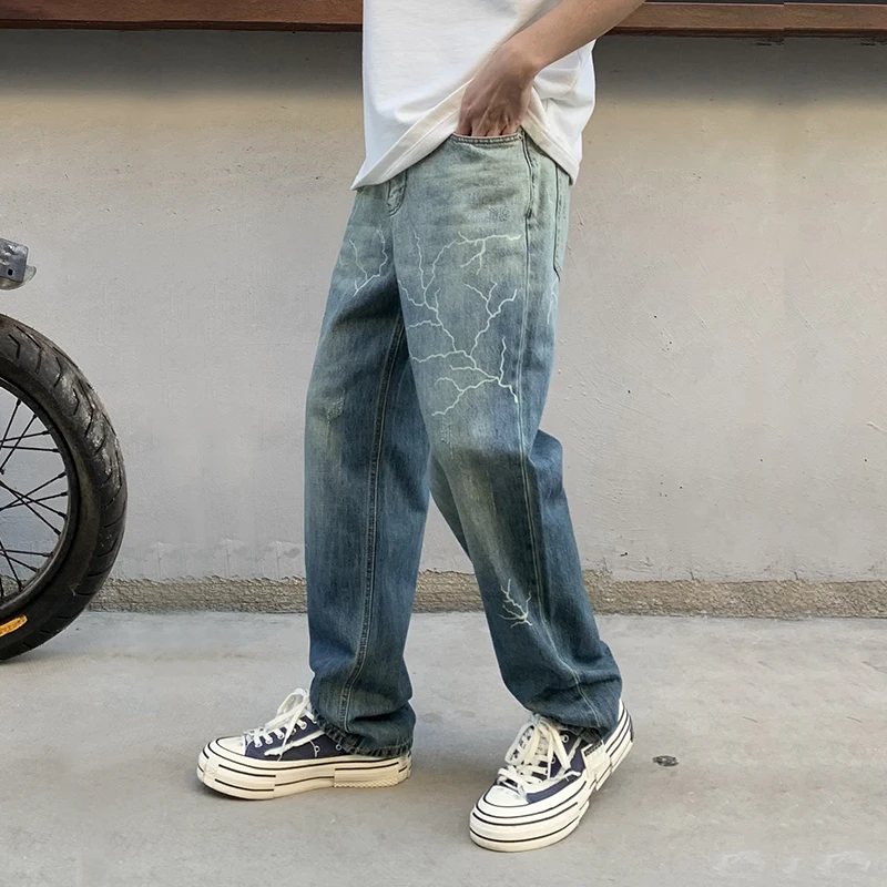 Fashion Brand Washed Burnt Flower Printed Hip Hop Jeans Men's Loose Straight West Coast High Street Wide-Leg Pants