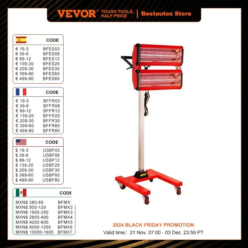 VEVOR-Lámpara de curado de pintura infrarroja, calentador de coche de secado, 1000W, 2000W, 110V, 220V, 800x800, 500MM, con soporte para hornear en aerosol