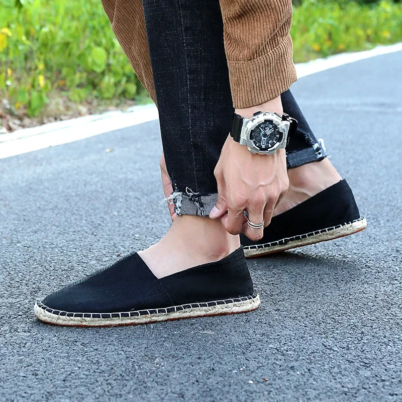 

Gentleman Casual Comfort Bohemian Slip on Lazy Shoes Summer Female Mens Flat Slip on Canvas Strap Loafers Straw Espadrilles
