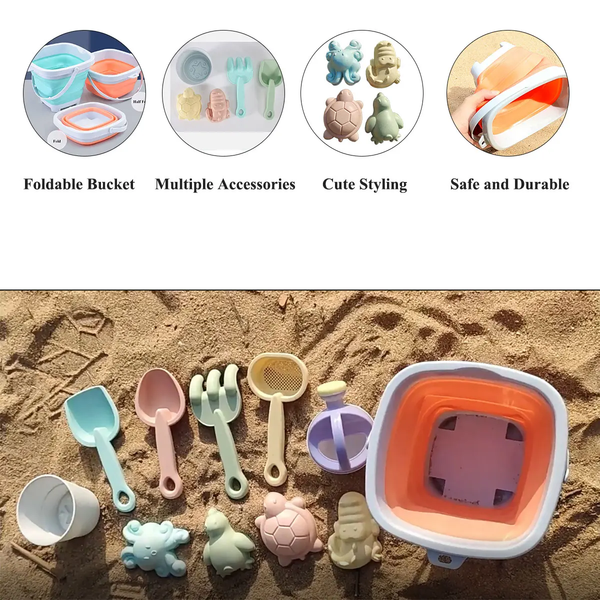 Beach  Sand Play Water Set Folding Bucket Summer Toys for Children Kids Outdoor Game Accessories Color Random