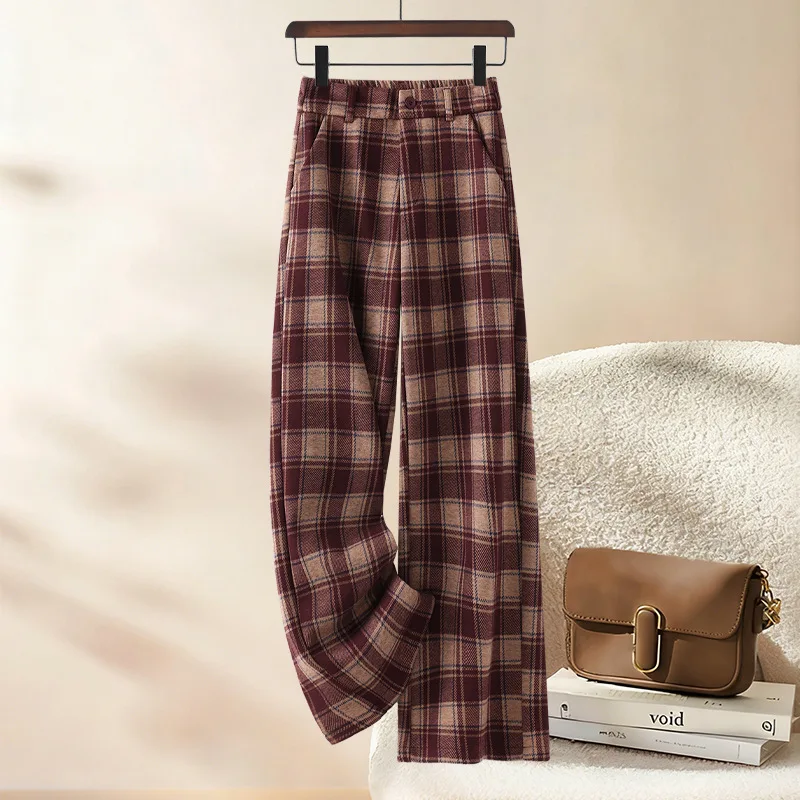 

Vintage Plaid Woolen Pants for Women, and Winter, Fleece-Lined, Thickened, Warm, Loose Fit, Slimming, Casual Pan