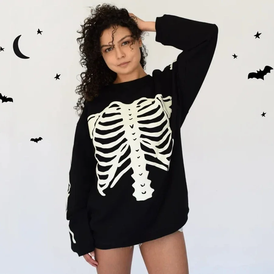 

Combhasaki Women's Halloween Loose Fit Sweatshirts Aesthetic Gothic Skeleton Print Round Neck Long Sleeve Pullovers Casual Tops