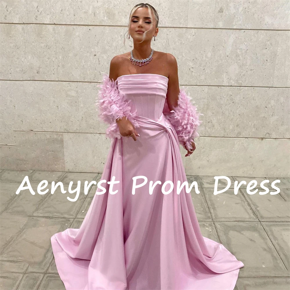 Aenyrst Pink Strapless A Line customized Evening Dresses Detachable Feathers Cape Prom Dress Floor Length Formal Party Gowns