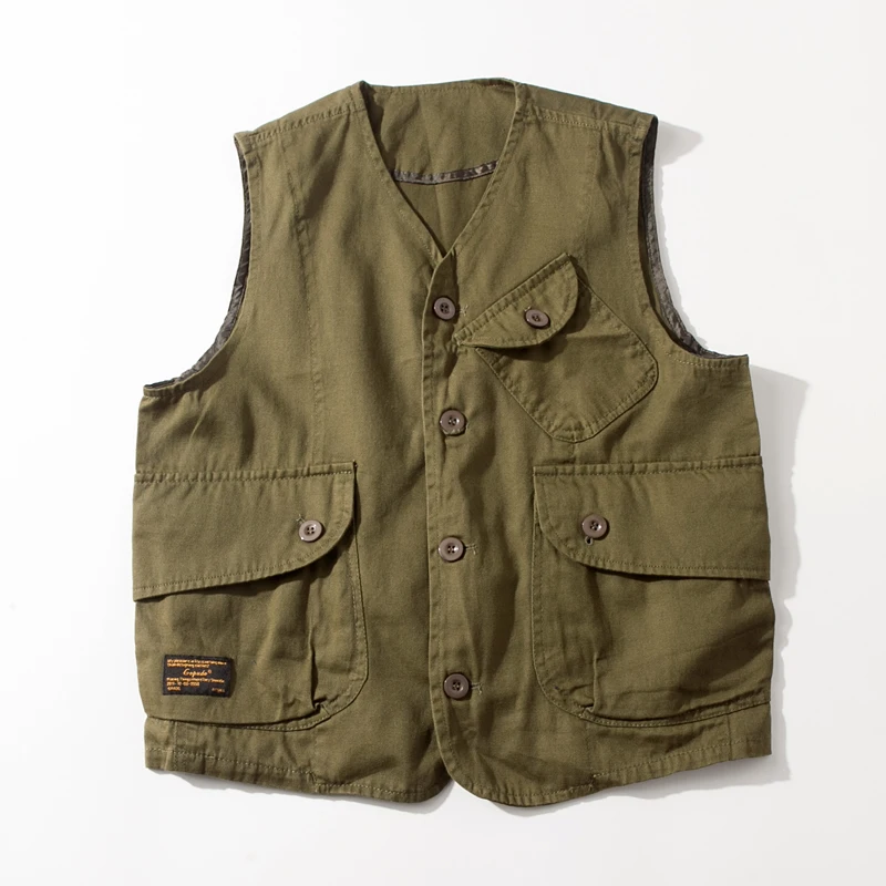 2025 Spring New Japanese Retro Solid Color Cargo Vest Men's Simple 100% Cotton Washed Sleeveless V-neck Multi-pocket Casual Coat