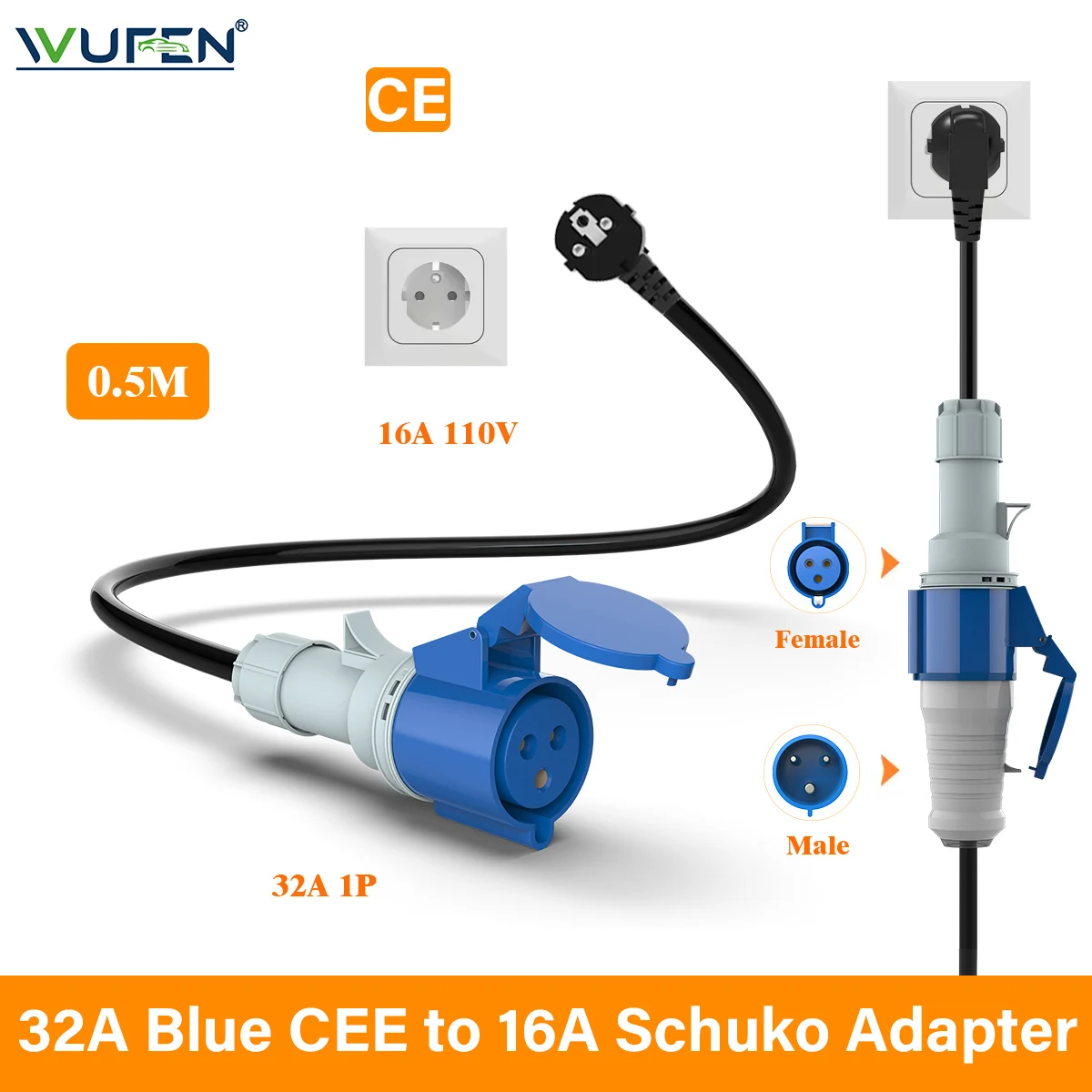 WUFEN EV Charger CEE Female Plug 3 Pins Bule CEE to Schuko Adapter Wall Socket Extend Cable Connect with 7KW 32A 1Phase Charger