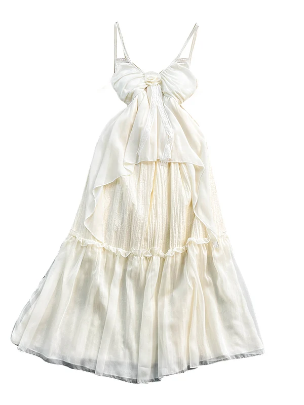 Elegante abito lungo bianco senza maniche con bretelle, vacanza al mare, boho, festa in spiaggia, matrimonio