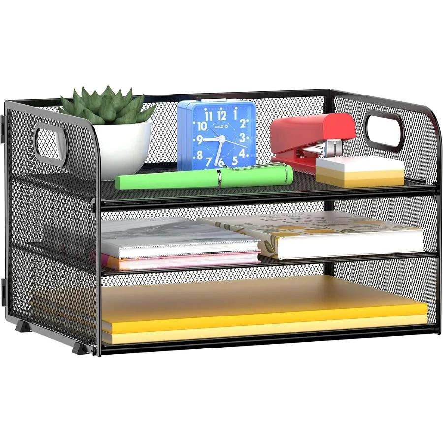 

3 Tier Paper Organizer Tray with Handle Mesh Letter Tray for Office Home School 1 Pack Black