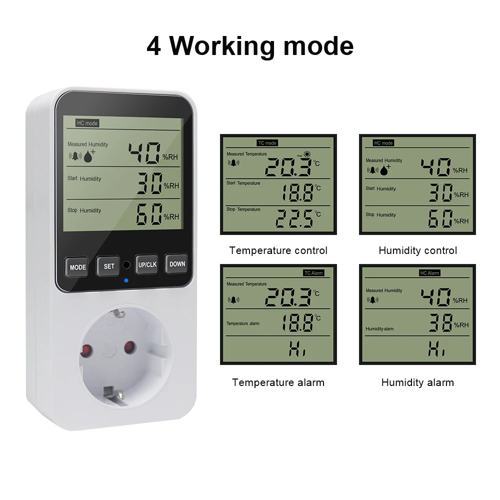 KT3400 Digital Thermostat Humidity Temperature Controller 220V Switch C/F Socket Heating Cooling Alarm With Temperature Sensor