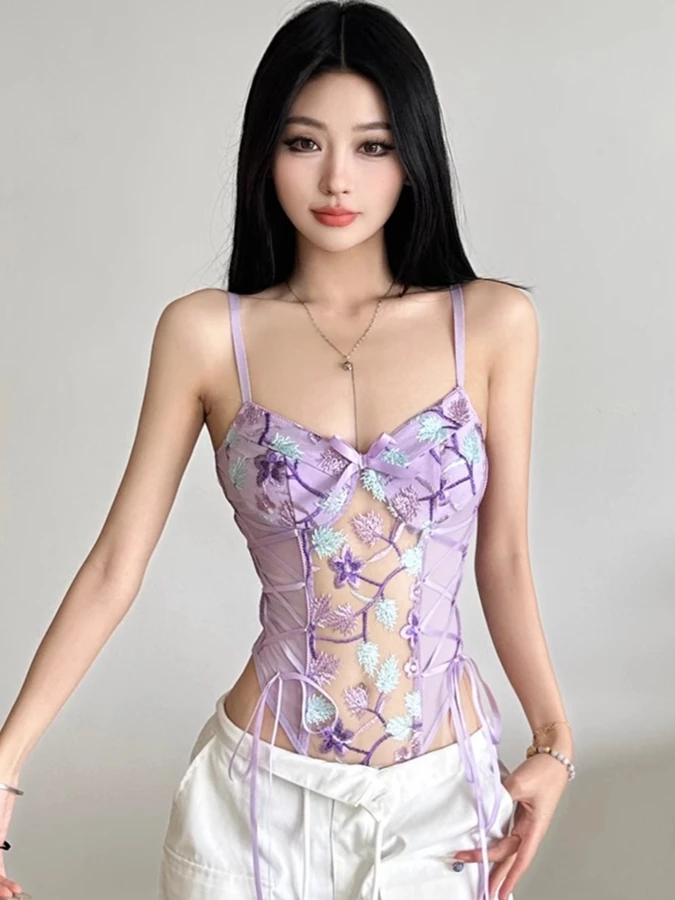 

Street Sexy Purple Flower Embroidered Vintage Mesh Stitching Sling Summer Hot Girl Y2K Slim Strapless Lace Up Tank Top Women