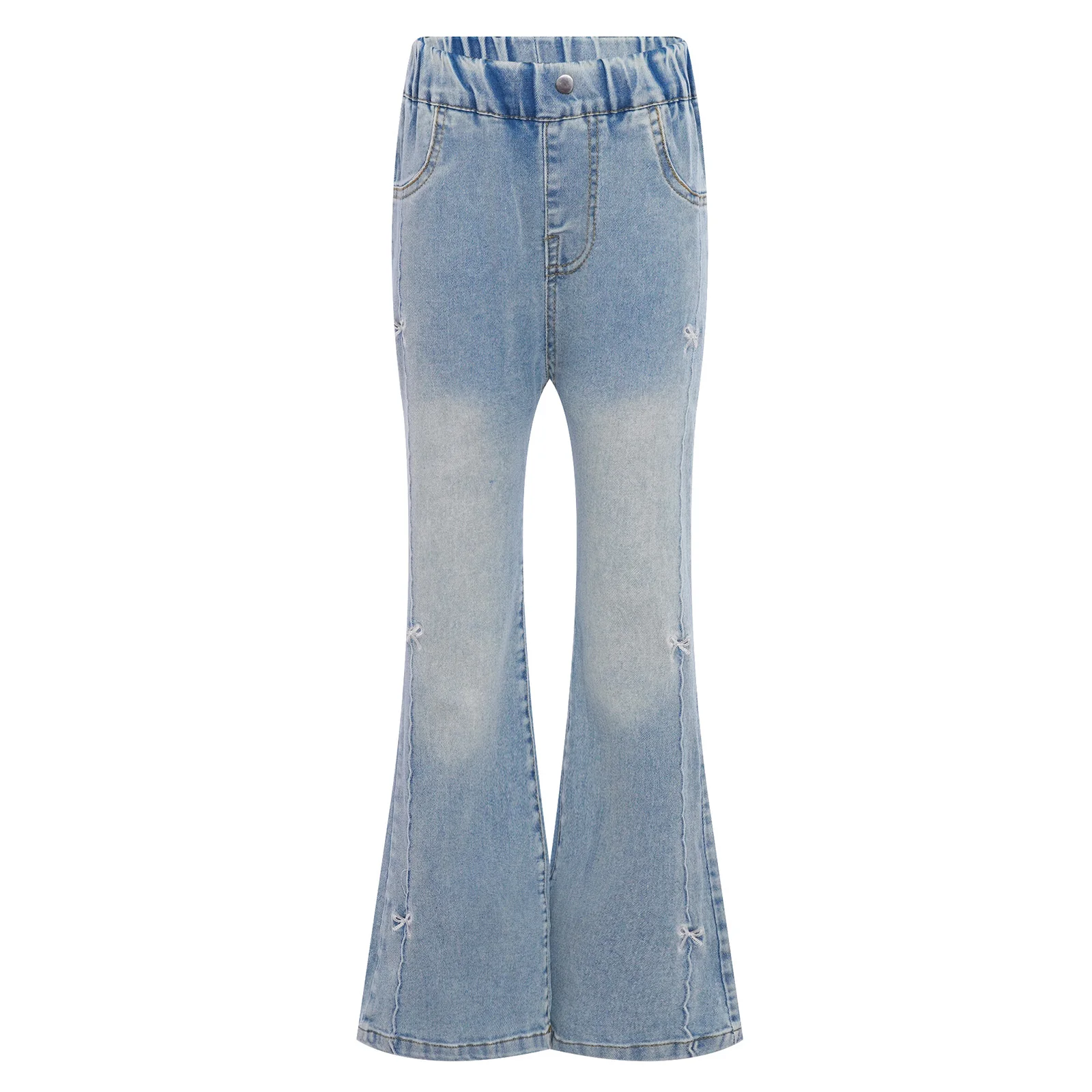 

Kids Girls Flared Jeans Pants Cute Bowknot Embroidery Elastic Waist Bell-Bottom Denim Pants with Pockets Casual Clothes Blue