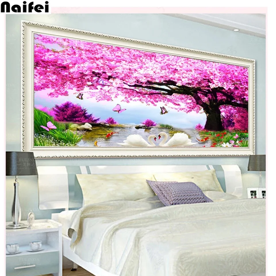 Diy diamond Embroidery Sakura under the swan 5D Diamond Painting Scenic Garden Cross Stitch Kit Home Decor Full drill mosaic