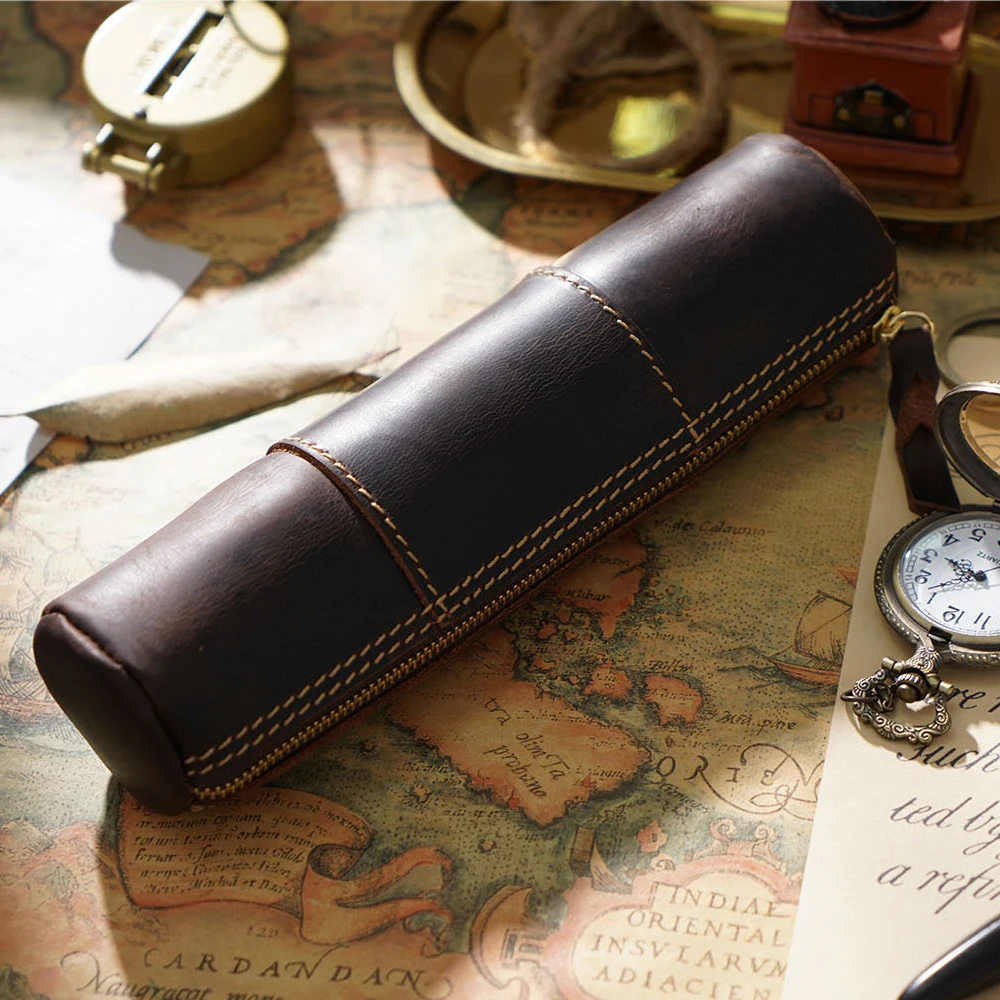 Vintage Genuine Leather Zippered Pencil Case - Handcrafted Top Layer Crazy Horse Leather Pencilcase for Students and Office Supp