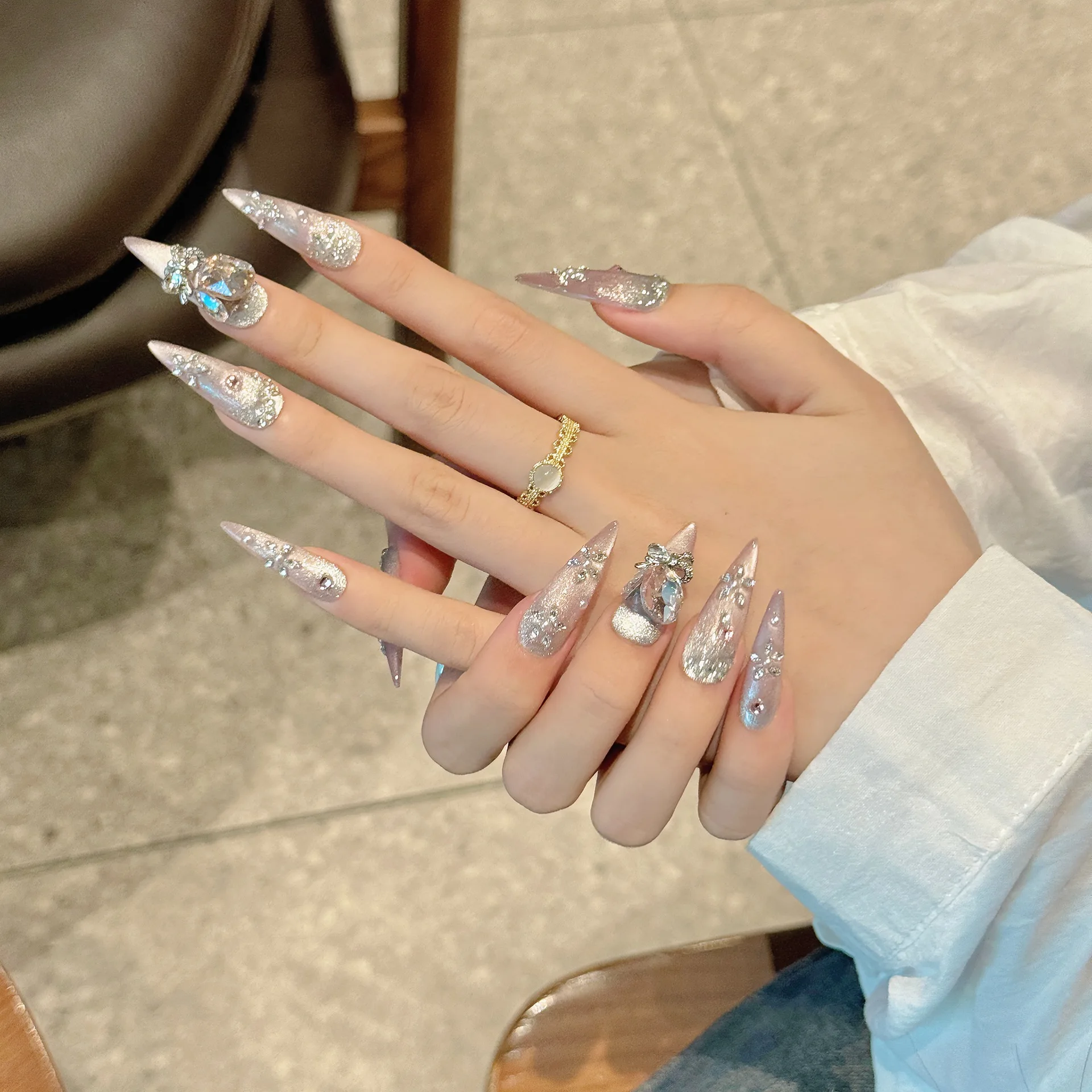 Uñas postizas de diamante completo hechas a mano, Uñas postizas de lujo con degradado de ojo de gato Rosa largo, puntas de uñas de aguja extraíbles para boda