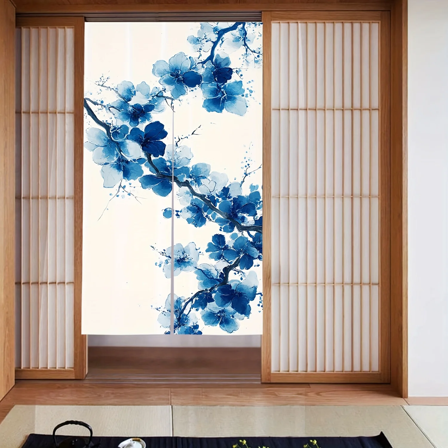 Elegant Blue and White Plum Blossom Door Screen Curtain Panel Japanese Style Room Divider Home Decoration for Entryway