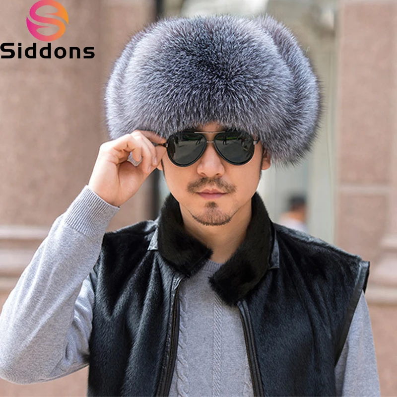 Winter Men's 100% Real Silver Fox Fur Bomber Hat Raccoon Fur Ushanka Cap Trapper Russian Man Ski Hats Caps Real Leather