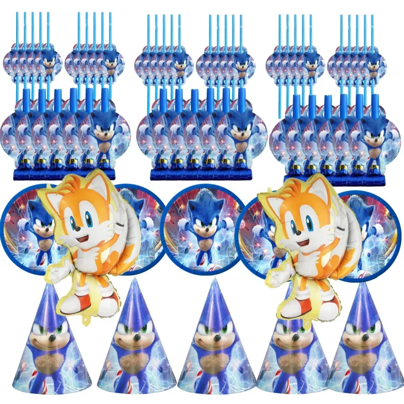 Sonic The Hedgehog Ballons Decoration Birthday Party Paper Hat Plate Straw Portable Candy Box Baby Shower Gifts Globos Backdrop