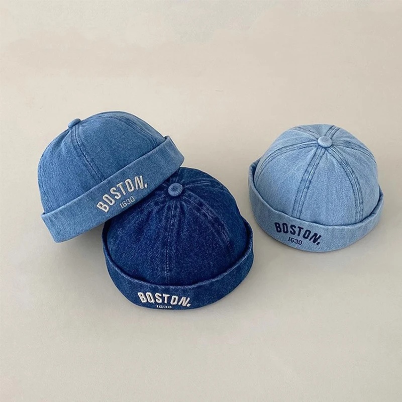 

Korean Denim Melon Capfor Baby Hip Hop Letter Embroidered Brimless Hat Adjustable Kids Landlord Hats Retro Dome Docker Beanies