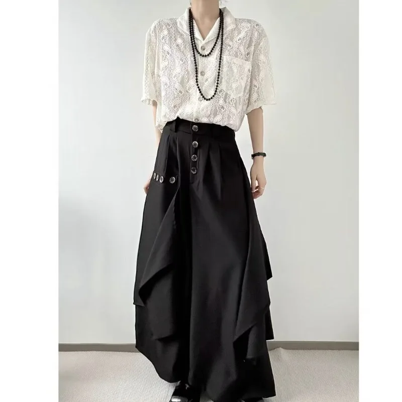 Women's Premium  Multi-button Irregular Skirts Trousers Design Niche Nine-point Wide-legged Skinny Petite Premium Layers