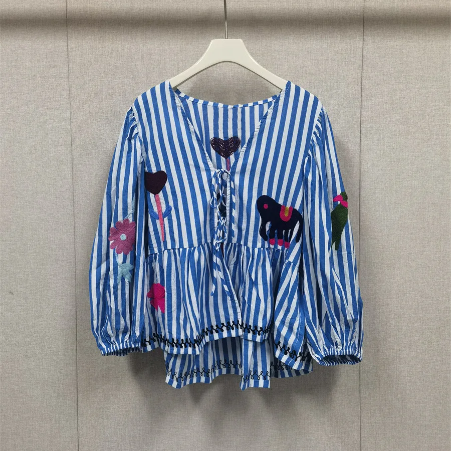 

Women's blue striped loose shirt long sleeves tie fashion casual tops