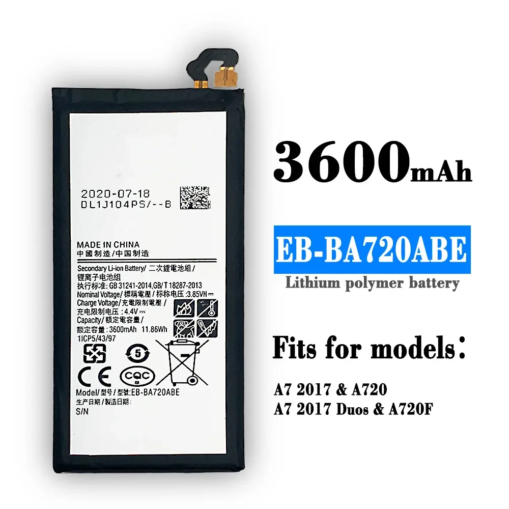 EB-BA720ABE  Replacement Phone Battery For Samsung GALAXY A7 2017 Version A720 SM-A720 A720F 3600mAh Authentic Battery