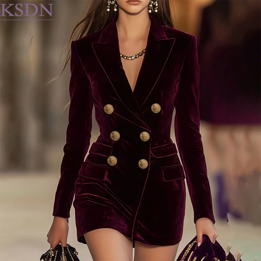 Festival Velvet Women's Blazer Elegant Double Breasted Peak Lapel Slim Fit 1 Piece Jacket Fashion Coat For Wedding Dinner