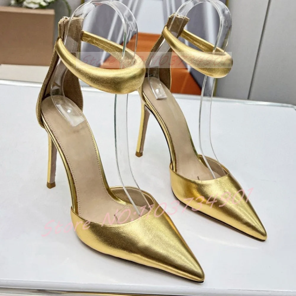 

Gold Ankle Strap Sandals Female Elegant Pointed Toe Metallic Leather High Heels Stiletto Shoes Women Big Size Party Sexy Sandals
