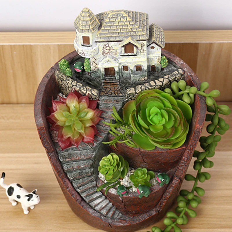 Micro Landscape Succulent Plants Flowerpot Resin Castle Village Design Crafts Ornament Creative Garden Balcony Tabletop Decorate