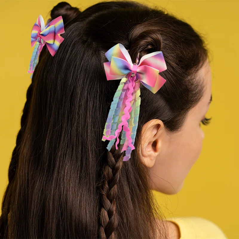 

Curly Flower Bow Hairpin Rainbow Rib with Hairpin Headgear Gradual Change Color Children's Edge Clip Ponytail