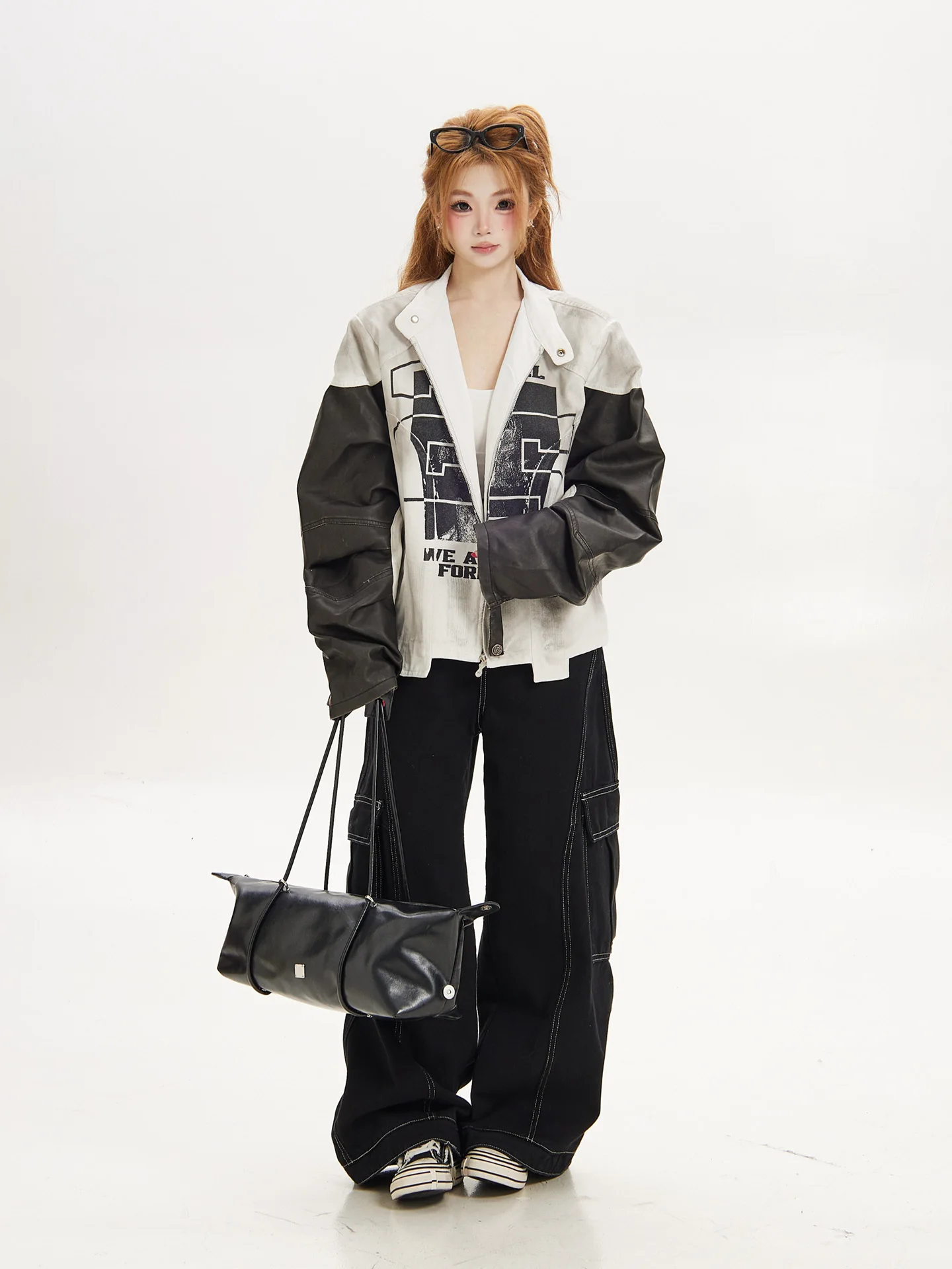 Ant American Style Street Splicing Print Stand Collar Loose Motorcycle Style Jacket Women's Fashionable High-End Feel Outerwear