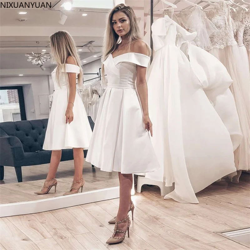 New Fashionable Cap Sleeve White Short Wedding Satin Dresses 2023 Vestido De Renda Curto Bride Dresses