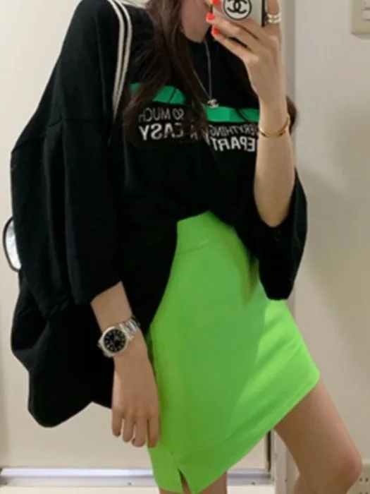 

Fluorescent een High Waist Slim Fit ort Skirt Bodycon Skirt Tee Colors Dongda Gate INS Sle Women's Faion Spring