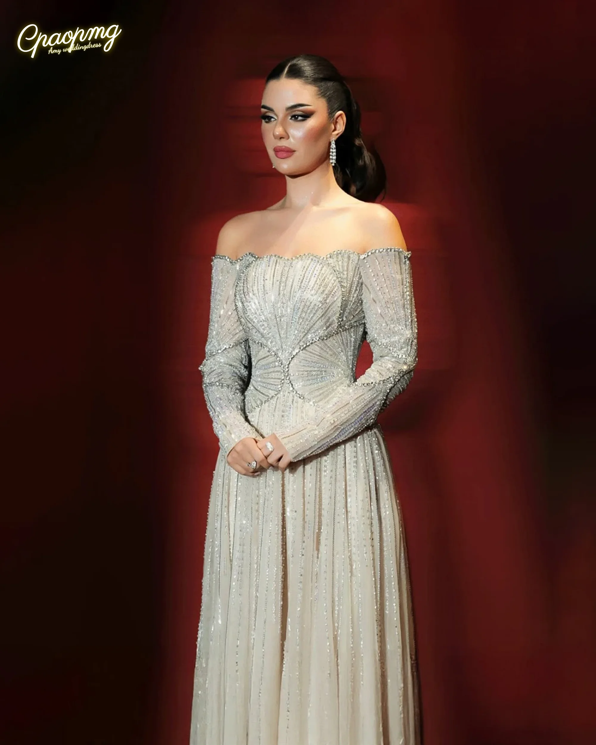 Aangepaste beige luxe kralen A-lijn avondjurk off-shoulder dames bruiloft feestjurk