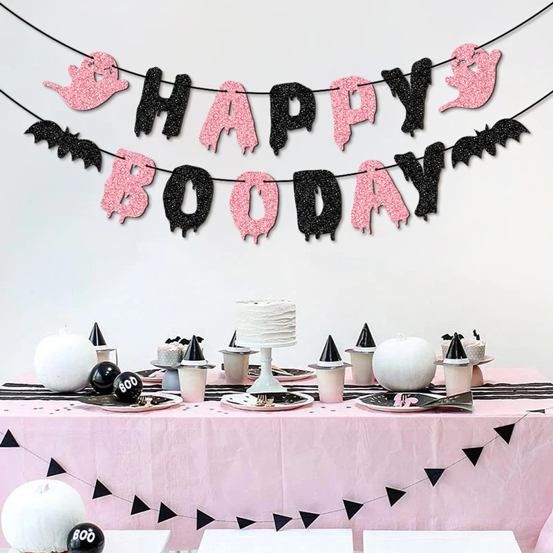 YOMDID Glitzer-Geburtstagsbanner „Happy Boo Day“ Partybanner mit Glückswünschen, Halloween-Geister und Fledermäusen, Geburtstagsdekorationen – Detail 6