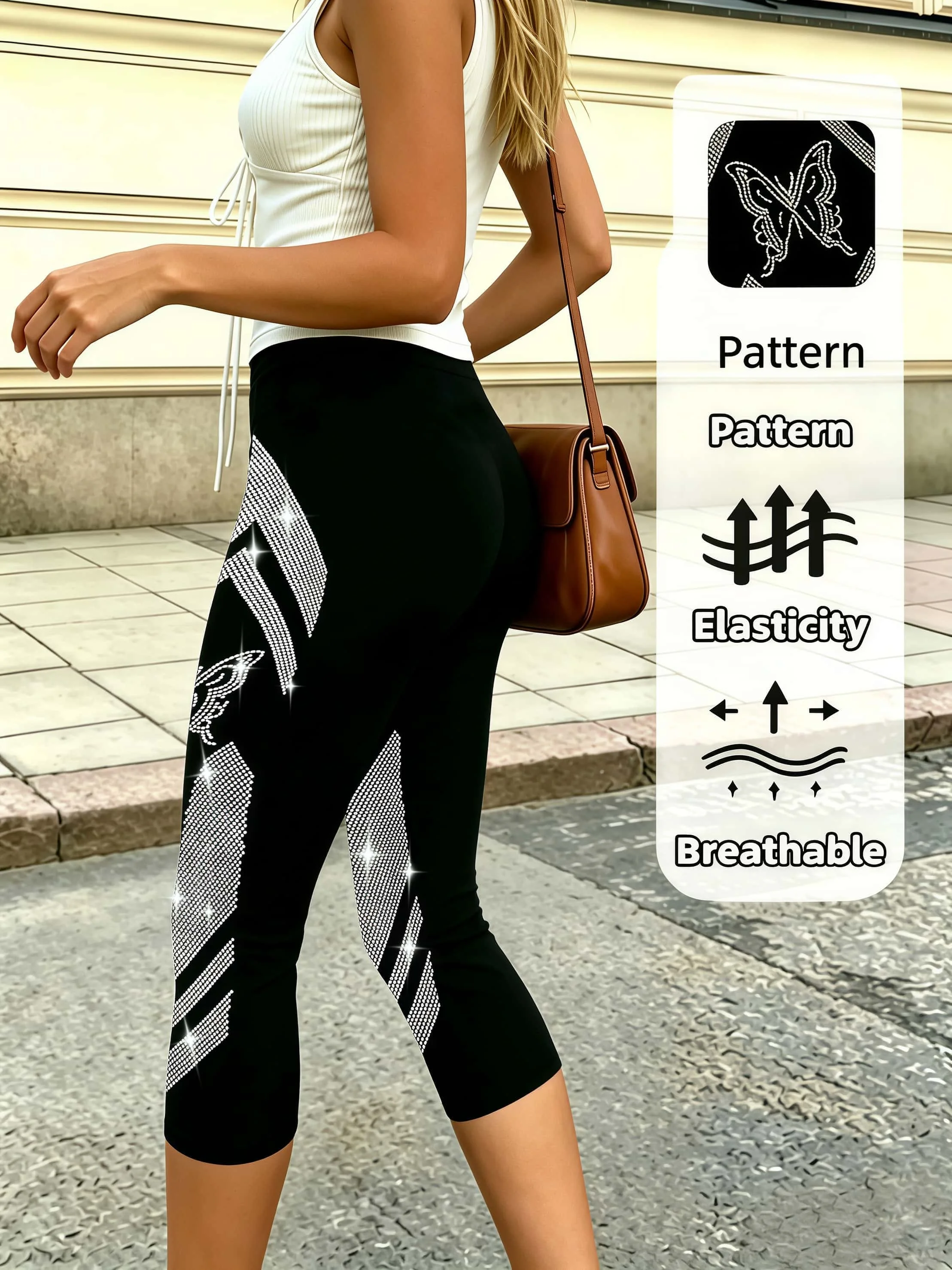 Schwarze Damen-Capri-Leggings mit Schmetterlingsdruck und Strass, hochelastische, atmungsaktive Trainingshose für Party-Street-Style – Detail 4