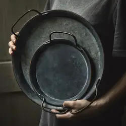 2 Sizes Retro Metal Plate Round Trays With Handle Round Wrought Vintage Storage Bread Serving Tray Handcrafted Home Decor