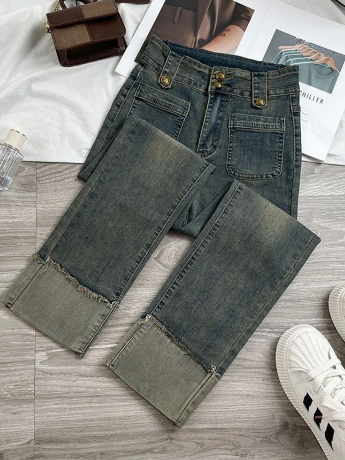 Women's High Waist Straight Leg Jeans Cuffed Loose Slimming Nine Point Dungarees Spring Autumn Patchwork Color Cement Grey