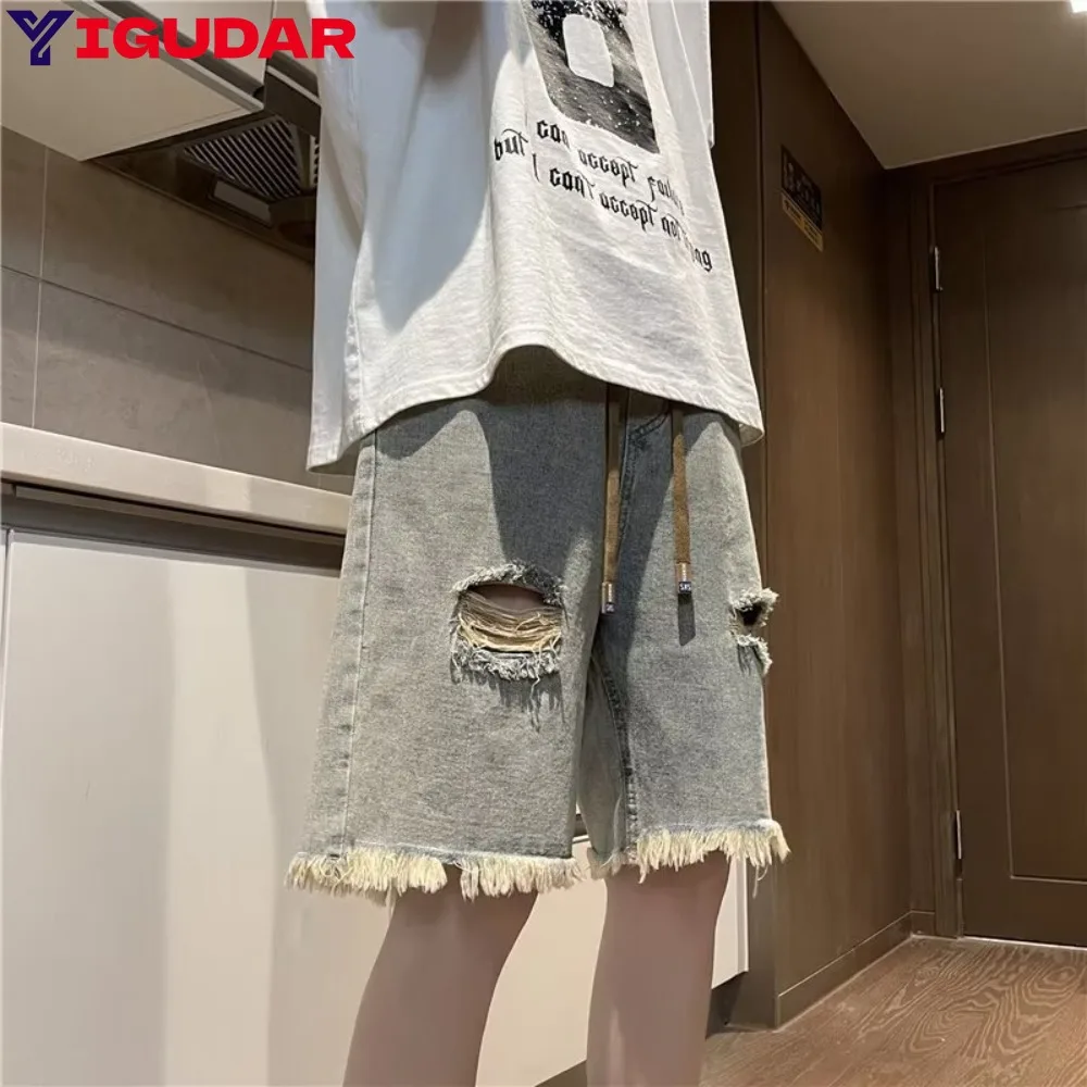 

2024 Hip Hop Ripped Denim Shorts Y2K Streetwear Men Vintage Destroyed Hole Baggy Jeans Pants Fashion Summer Loose Shorts