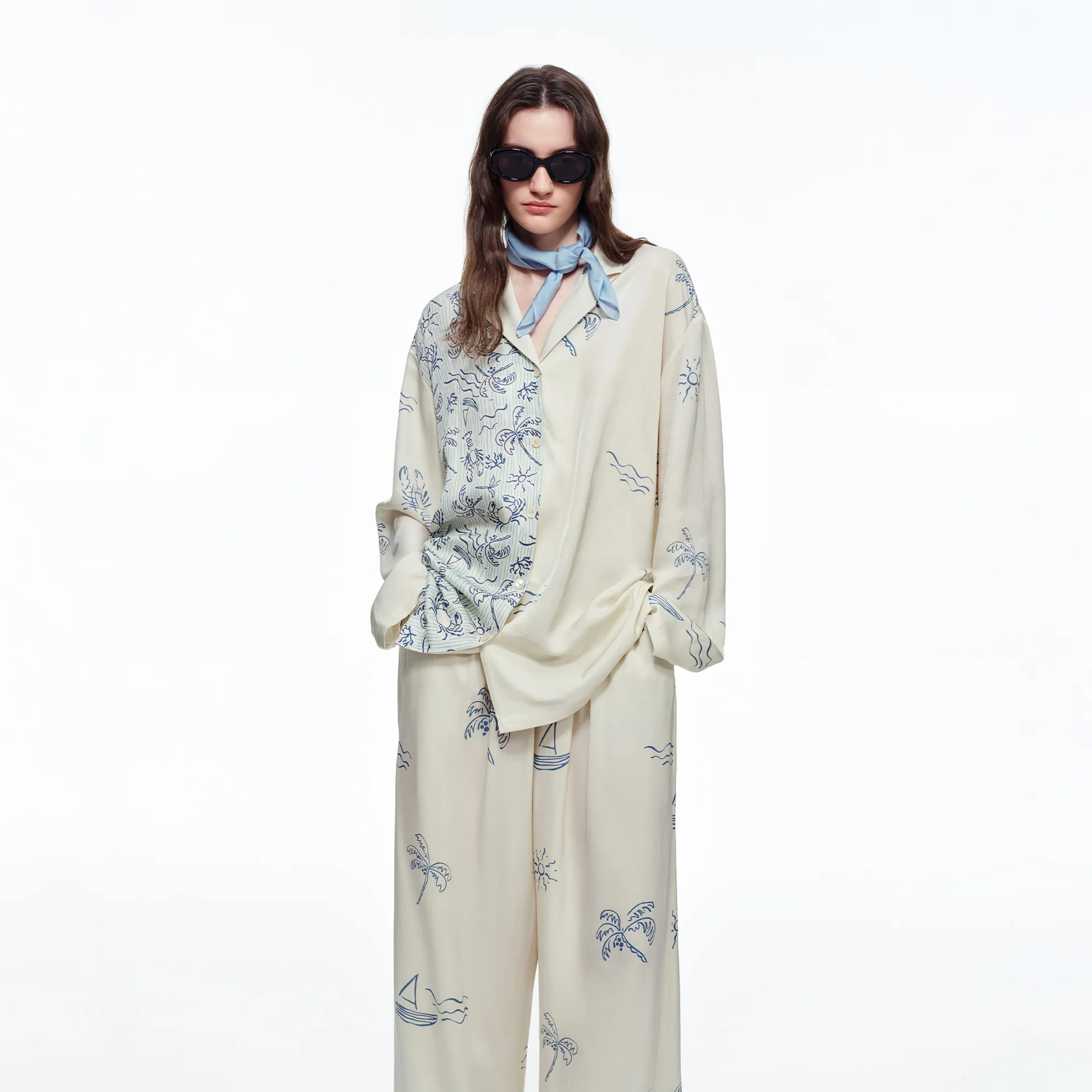 2026 New 100% VISCOSE Women Print Satin Pajama Set Lapel Long Sleeve Wide Leg Pants 2Pcs Ladies Casual Sleepwear Loungewear