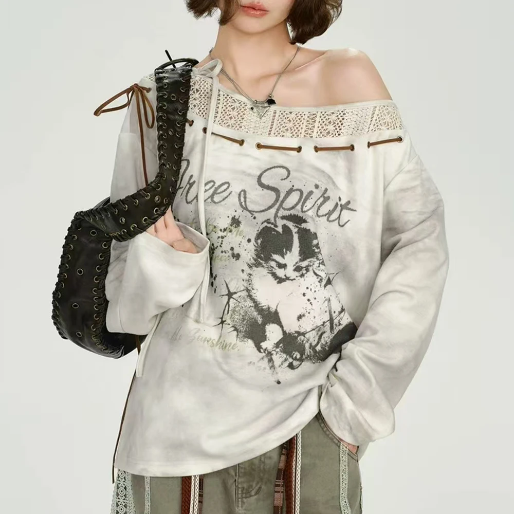 

y2k slanted shoulder long-sleeved T-shirt women's spring and autumn new grid splicing Spice Girl versatile subculture top