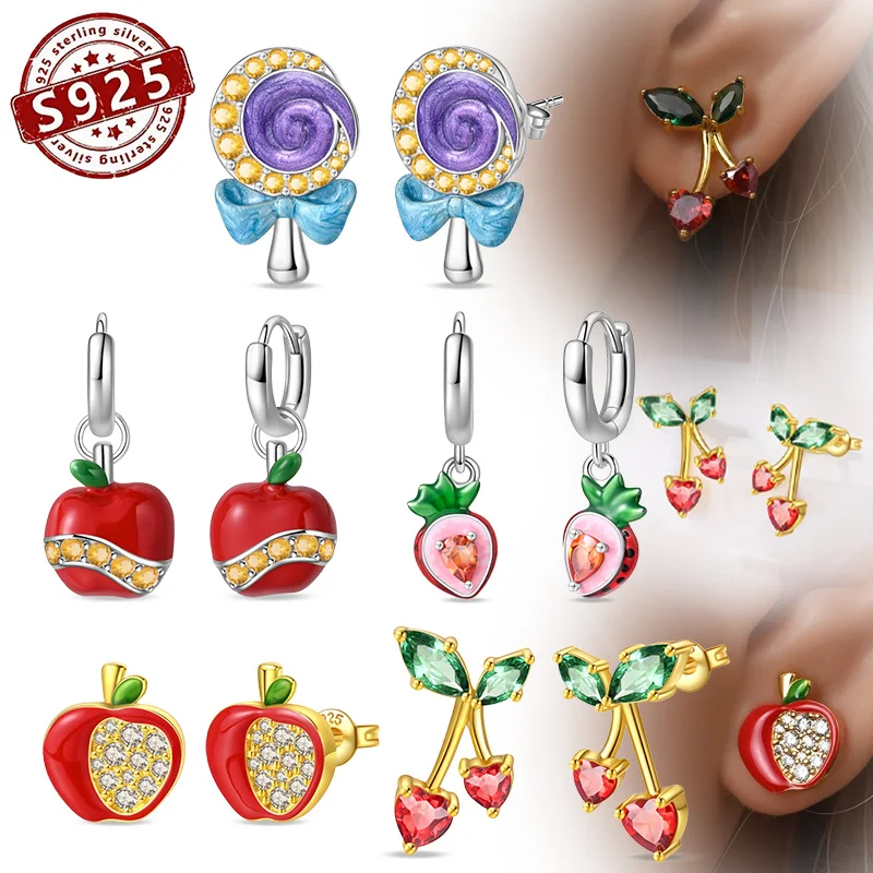Pendientes de aro de Plata de Ley 925, serie de frutas, pendientes de fresa, cereza y manzana para mujer, regalo de joyería de moda para fiesta y boda
