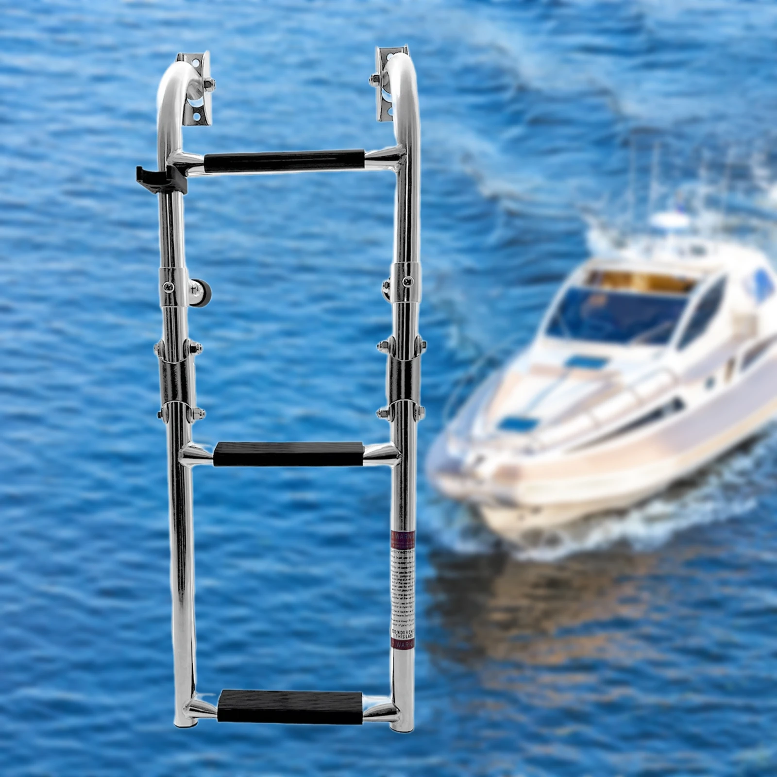 3 Steps Stainless Steel Boat Ladder Stern Ladder Gunwale-Mounted Removable Ladder Grips 2+1 Steps Transom Mount Folding