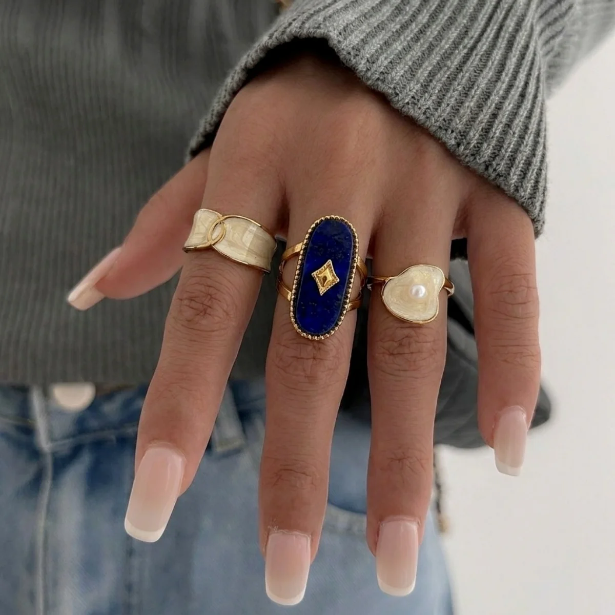 Edelstahl-Rechteck-Naturstein-Emaille-Fingerringe für Damen und Herren, königlicher Vintage-geometrischer Imitationsperlenring, Schmuck – Detail 9
