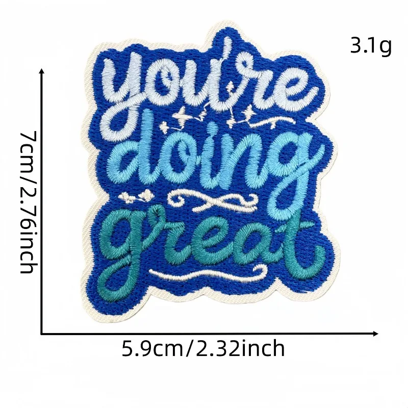 New Positive Energy English Short Sentence Blue Sew Iron on Embroidery Patch Stickers Applique for DIY Clothes Jeans Hats Bags