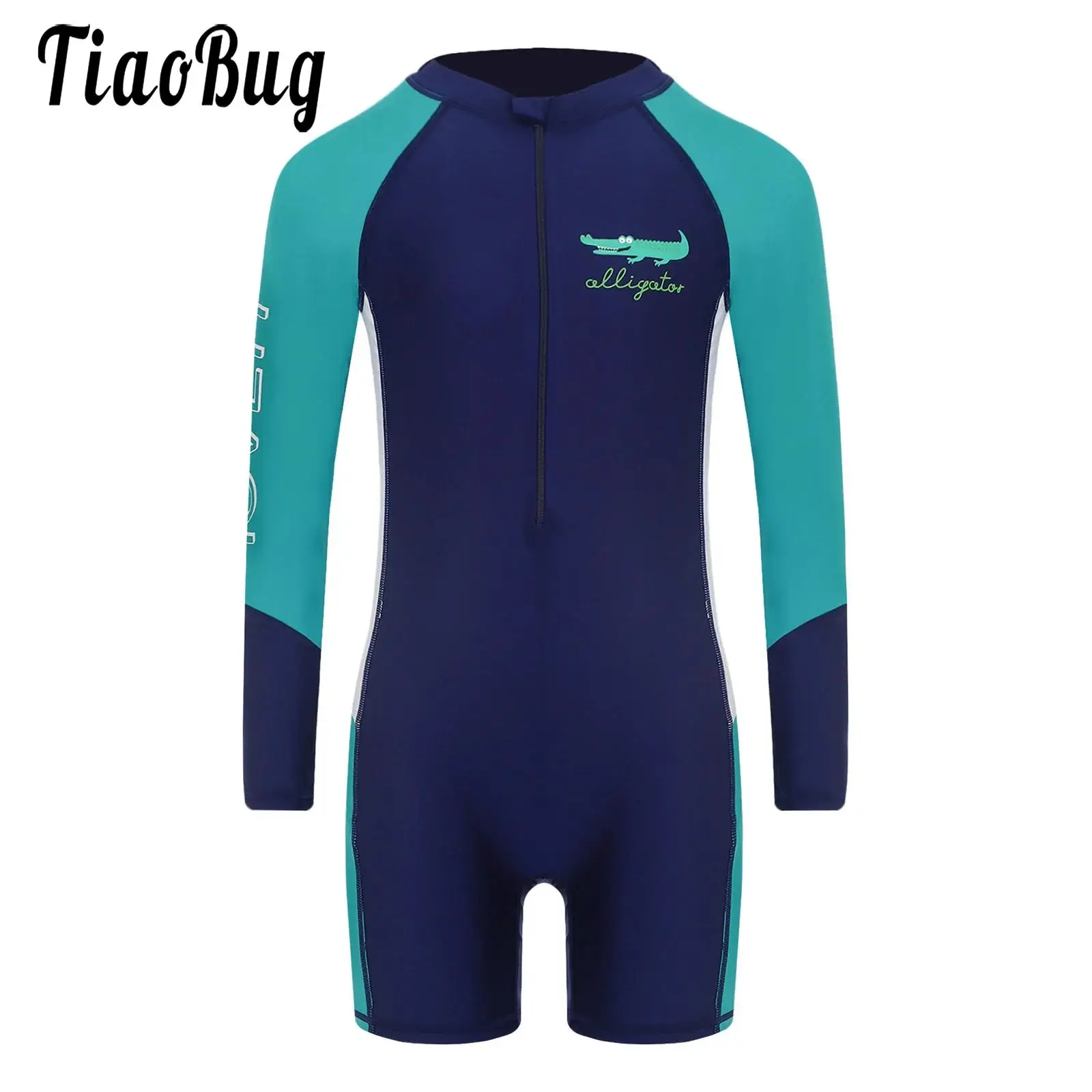 Kids Boys Color Block One Piece Swimsuit Bathing Suit Long Sleeve Front Zipper Bathing Suit Rash Guard Beach Water Park Swimwear